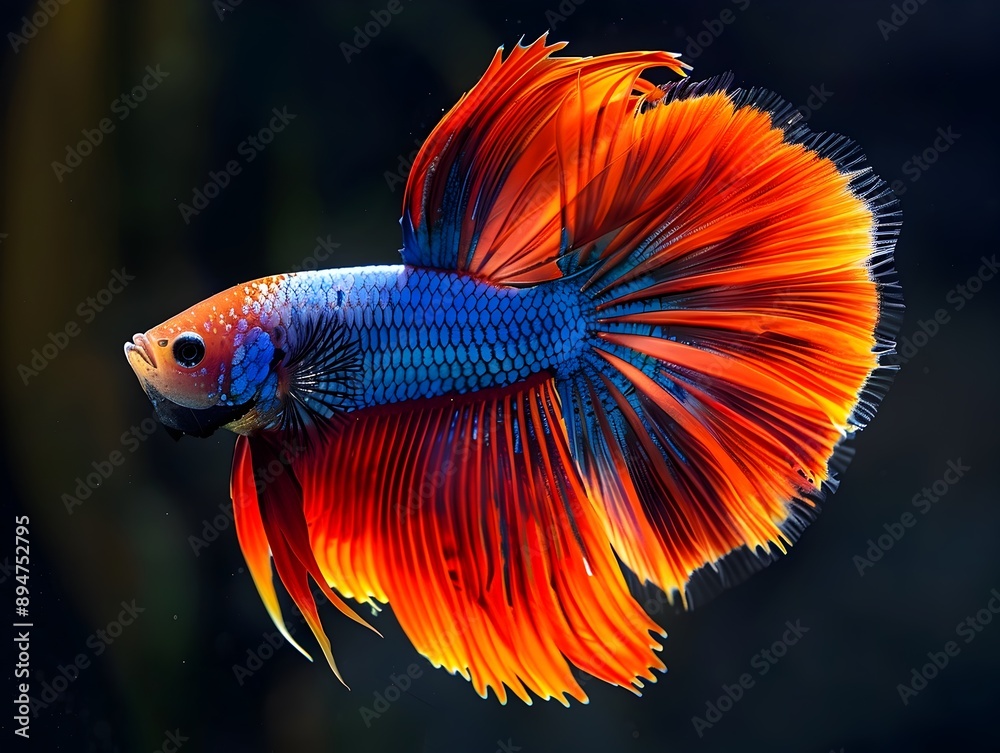 Magnificent Jewel Toned Betta Fish with Flaring Tail in Mystical Aquarium Backdrop Magnificent Jewel Toned Betta Fish with Flaring Tail in Mystical Aquarium Backdrop