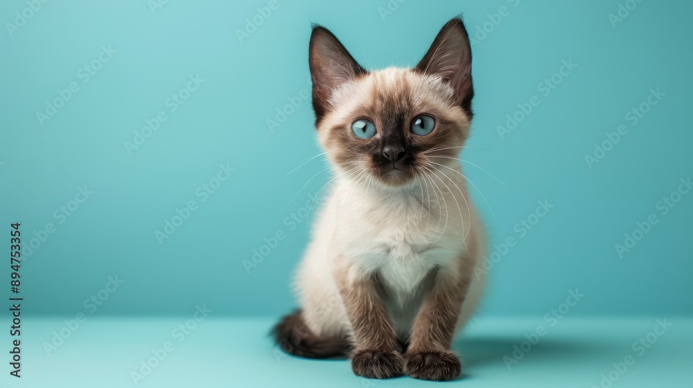 Adorable Siamese Kitten on Baby Blue Background with Copy Space for Text Adorable Siamese Kitten on Baby Blue Background with Copy Space for Text