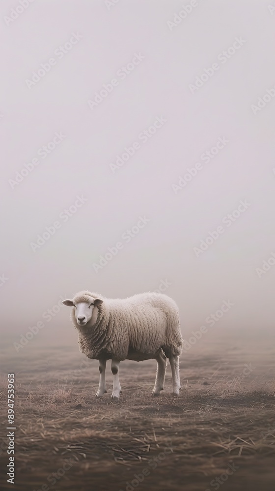 Lone Sheep Standing in Serene Misty Landscape with Soft Focus Lone Sheep Standing in Serene Misty Landscape with Soft Focus