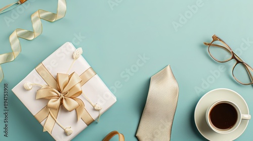 Father's Day Gift Essentials Flat Lay on Pastel Blue Surface