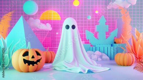 synthwave inspired Halloween background with sheet ghost, pumpkins and geometric shapes photo