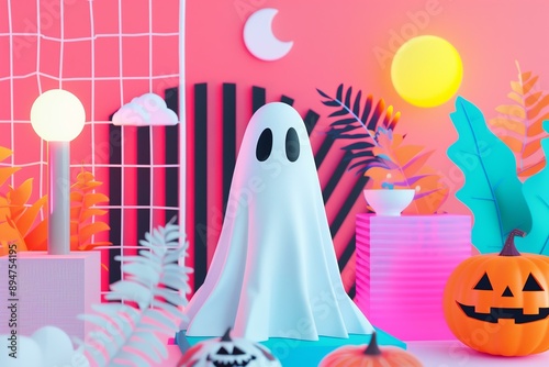 synthwave inspired Halloween background with sheet ghost, pumpkins and geometric shapes photo