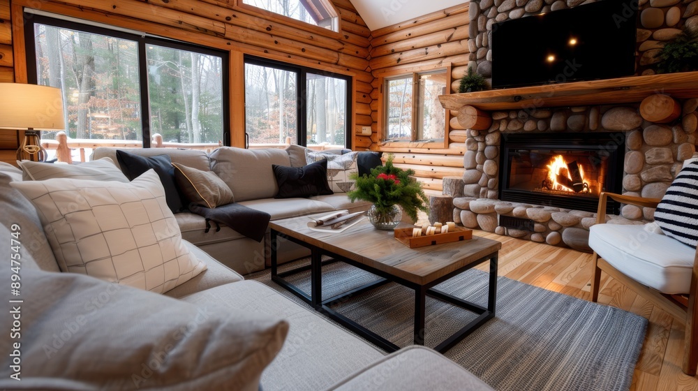 A warm and inviting log cabin living room featuring a stone fireplace, large windows with nature views, neutral-toned seating area with throws and cushions. A warm and inviting log cabin living room featuring a stone fireplace, large windows with nature views, neutral-toned seating area with throws and cushions.