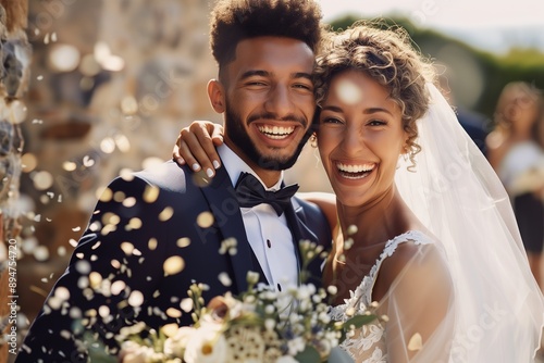 Happy Bride and Groom Celebrate Their Wedding Day With Confetti
