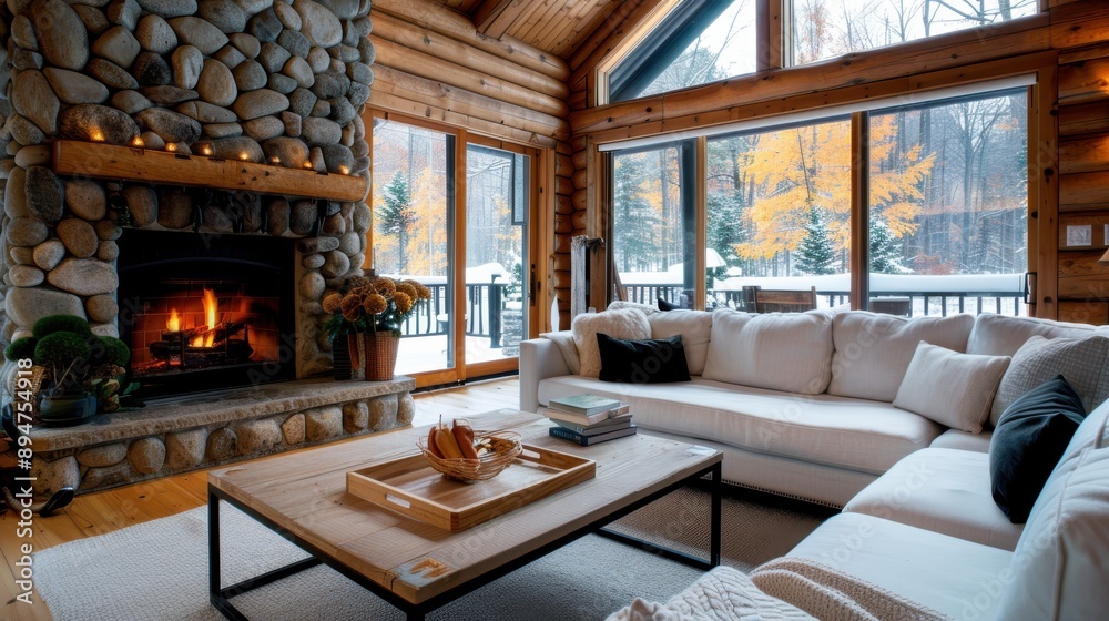 custom made wallpaper toronto digitalA stylish log cabin living room showcasing large windows with autumn views, a stone fireplace, and a comfortable seating area with modern rustic decor elements.