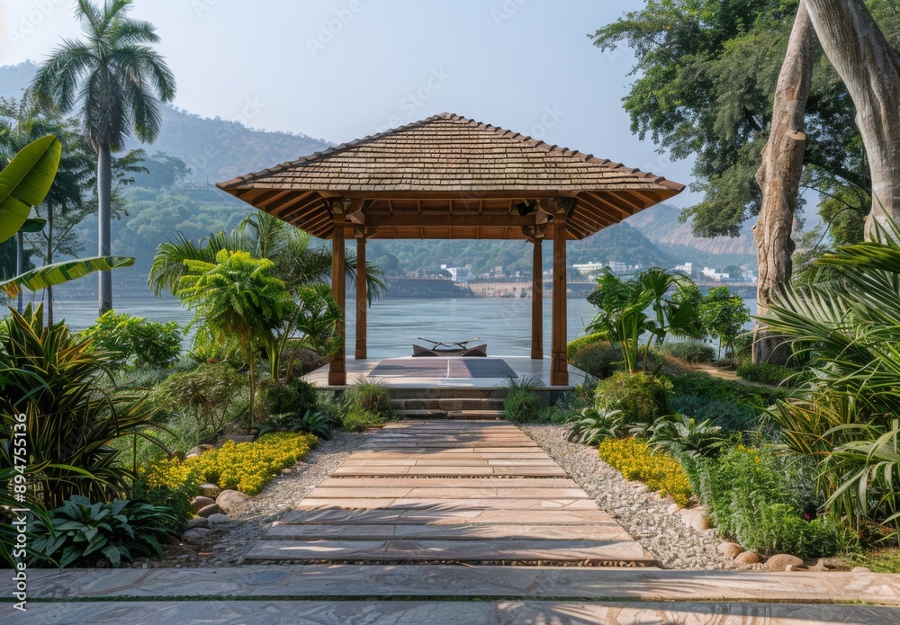 A serene yoga pavilion surrounded by tropical gardens with a view of the Ganges River in India A serene yoga pavilion surrounded by tropical gardens with a view of the Ganges River in India
