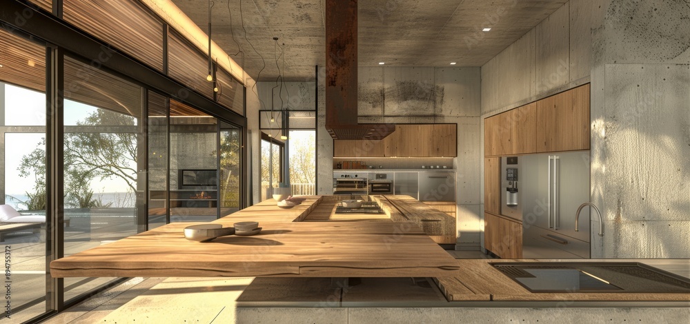 a modern kitchen in a loft with wooden floor a modern kitchen in a loft with wooden floor