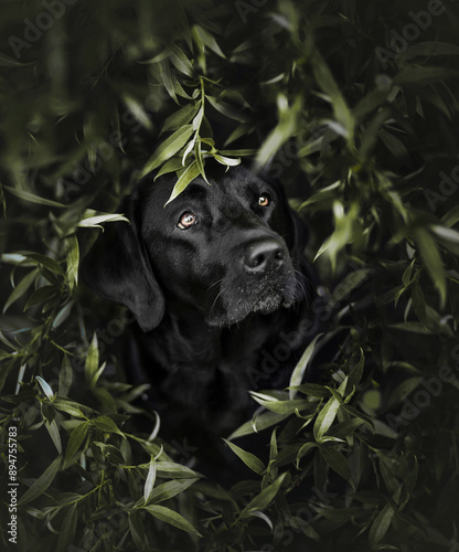 Schwarzer Hund  in Blätter gehüllt photo