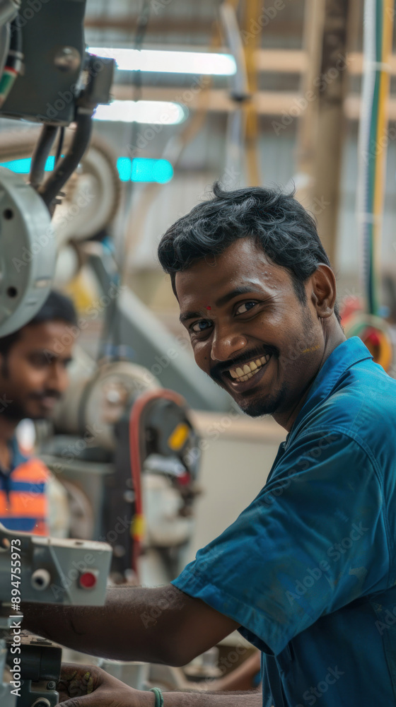 Happy engineer poses, showcasing modern machinery skills Happy engineer poses, showcasing modern machinery skills