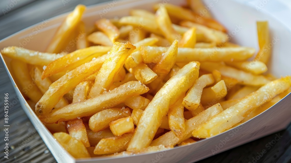 Golden fries in a white paper box, captured in a closeup, ready for snacking. Golden fries in a white paper box, captured in a closeup, ready for snacking.