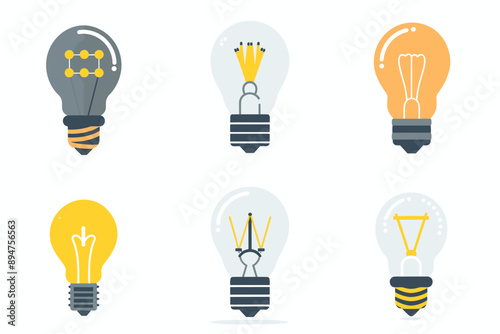 A set of light bulb icon on white background. Idea symbol. Electric lamp, light, innovation, solution, creative thinking, electricity. Outline, flat and colored style. Flat design