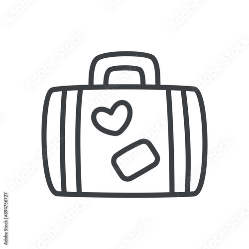 Cute suitcase icon. Hand drawn monochrome illustration of a retro leather briefcase isolated on a white background. Travel concept. Vector 10 EPS.