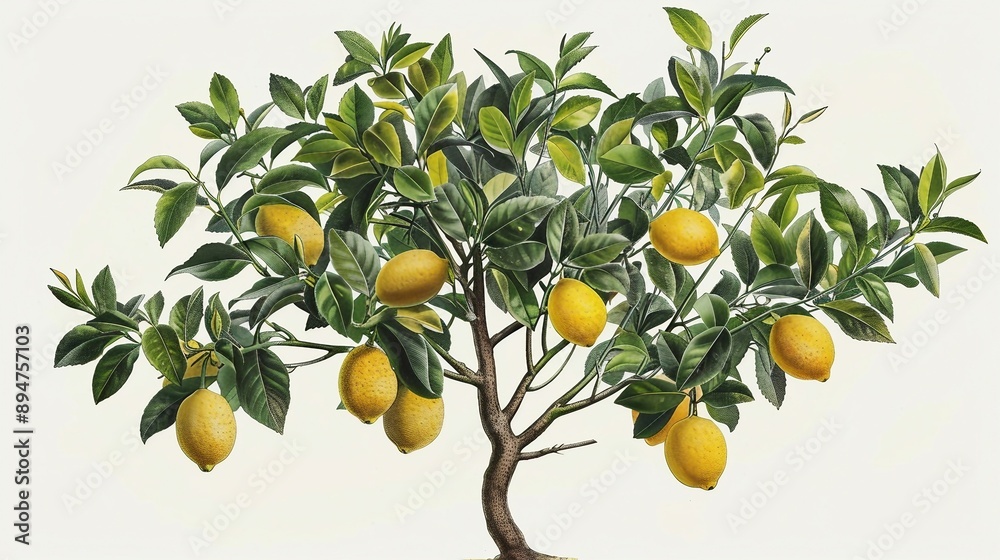Botanical Art of Lemons and Green Leaves on a Branch, Showcasing Nature's Beauty. Generative AI Botanical Art of Lemons and Green Leaves on a Branch, Showcasing Nature's Beauty. Generative AI
