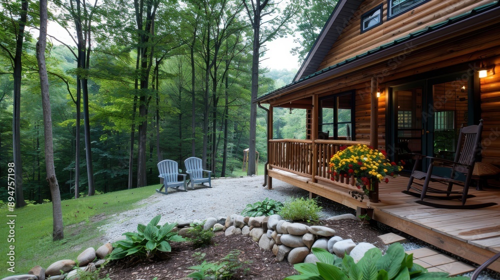 Fototapeta premium A charming woodland log cabin with a cozy front porch, lush green surroundings, and Adirondack chairs, offering a peaceful retreat within the beauty of nature.