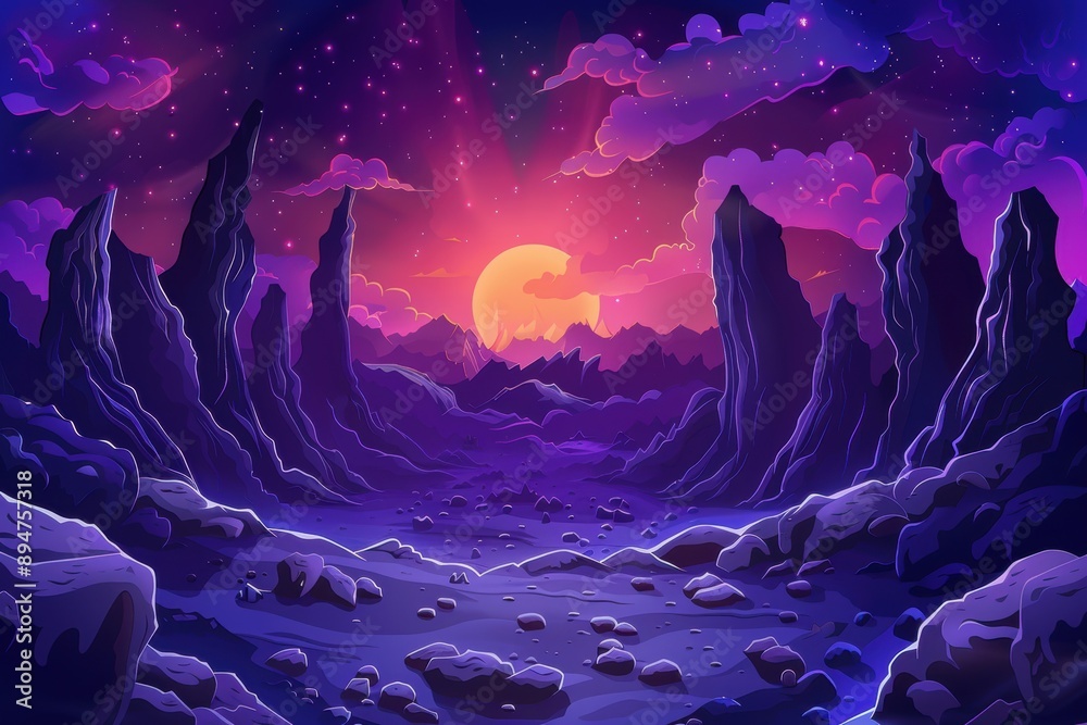 Rocky moon landscape with purple sky and setting sun Rocky moon landscape with purple sky and setting sun