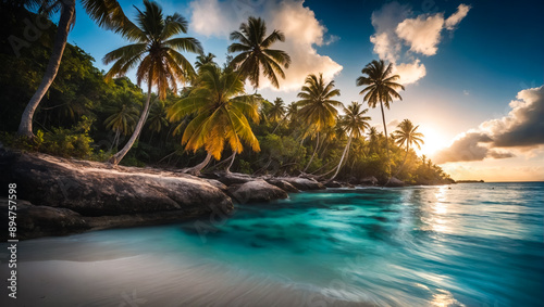 An beautiful and calming beach image is what I'm looking for. I would like the image to showcase a wide view of the beach, with clean sand and clear ocean water.