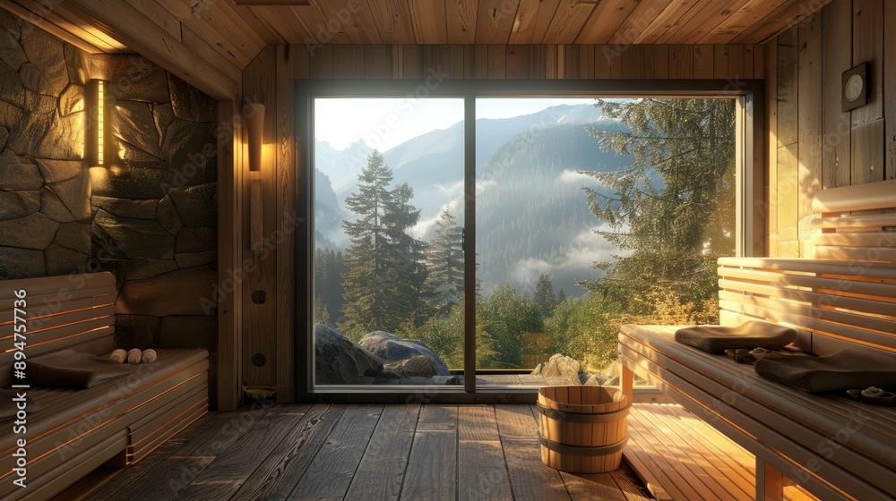 Inviting sauna room in the mountains, with a tranquil view of nature and a cozy atmosphere. Inviting sauna room in the mountains, with a tranquil view of nature and a cozy atmosphere.