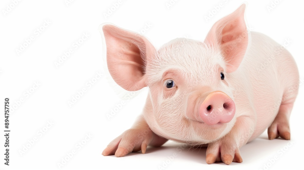 A pig with pink ears and a pink nose is laying on a white background. The pig has a curious expression on its face, and it is looking at the camera A pig with pink ears and a pink nose is laying on a white background. The pig has a curious expression on its face, and it is looking at the camera