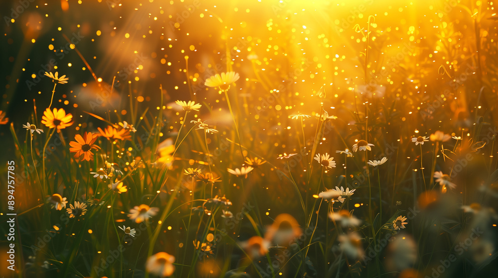 A field of flowers with a bright sun in the background. The sun is shining on the flowers, making them look even more beautiful A field of flowers with a bright sun in the background. The sun is shining on the flowers, making them look even more beautiful