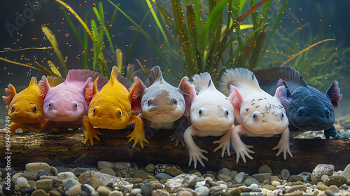 Ajolote axolotl in varying color morphs, underwater scene, 