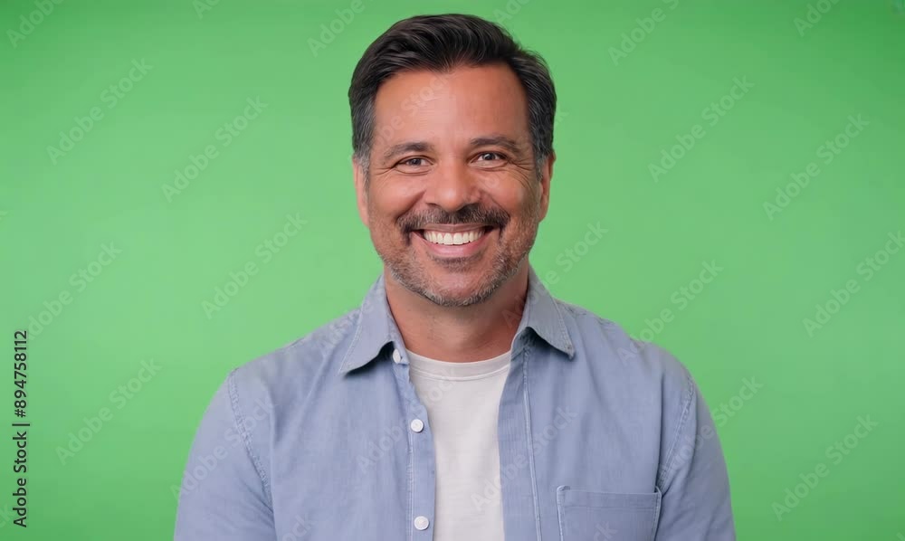 Handsome middle-aged man smiling at camera against green background Handsome middle-aged man smiling at camera against green background
