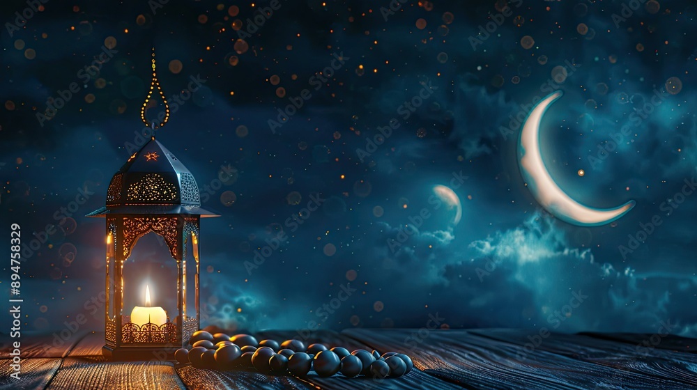 Ornate Lantern with Candle and Crescent Moon