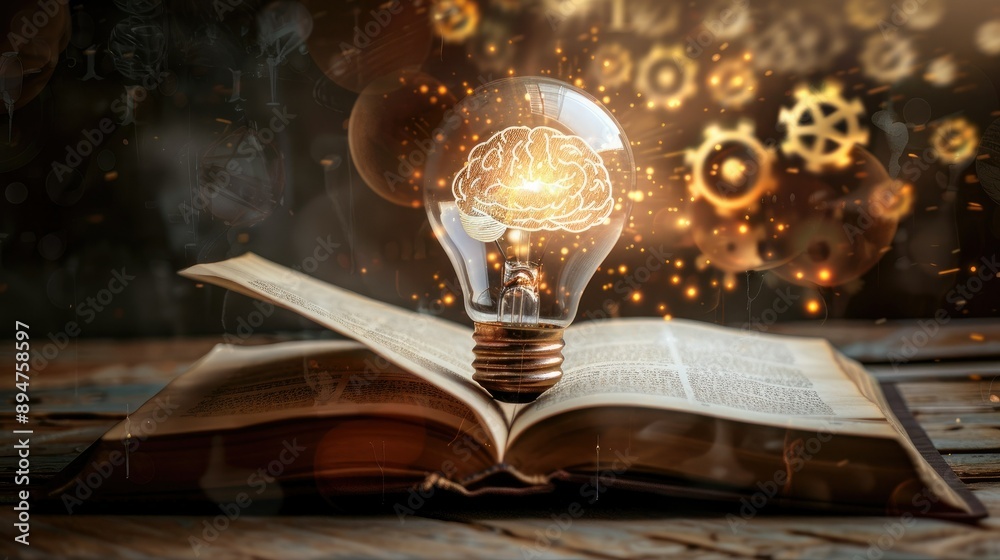 Light bulb with brain and cogwheels above an open book, showcasing intellectual and mechanical synergy. Light bulb with brain and cogwheels above an open book, showcasing intellectual and mechanical synergy.