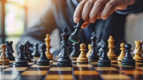 A businessman strategically moving chess pieces on a board, symbolizing strategic thinking, planning, and decision-making in business.
