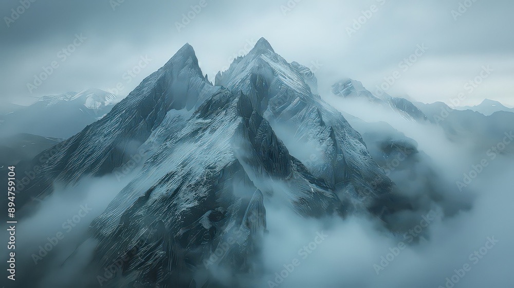 aerial shot showcasing sharp mountain peaks shrouded in mist. aerial shot showcasing sharp mountain peaks shrouded in mist.