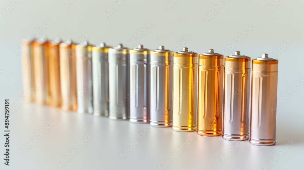  row of batteries in different metallic colors, representing various sizes and types, arranged in a gradient pattern on a white background.