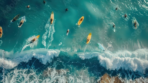 Fototapeta Naklejka Na Ścianę i Meble -  Aerial shot showing surfers on their boards, scattered in the turquoise waters, waiting for the next wave.