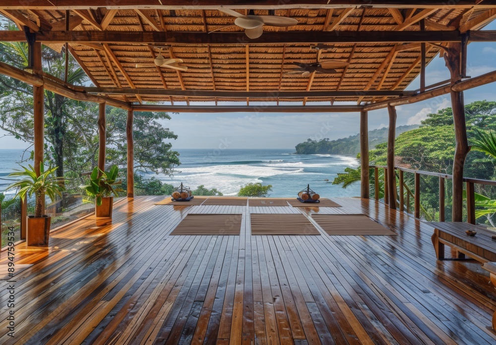 An open-air yoga shala with wooden floors and views of the Pacific Ocean in Costa Rica An open-air yoga shala with wooden floors and views of the Pacific Ocean in Costa Rica