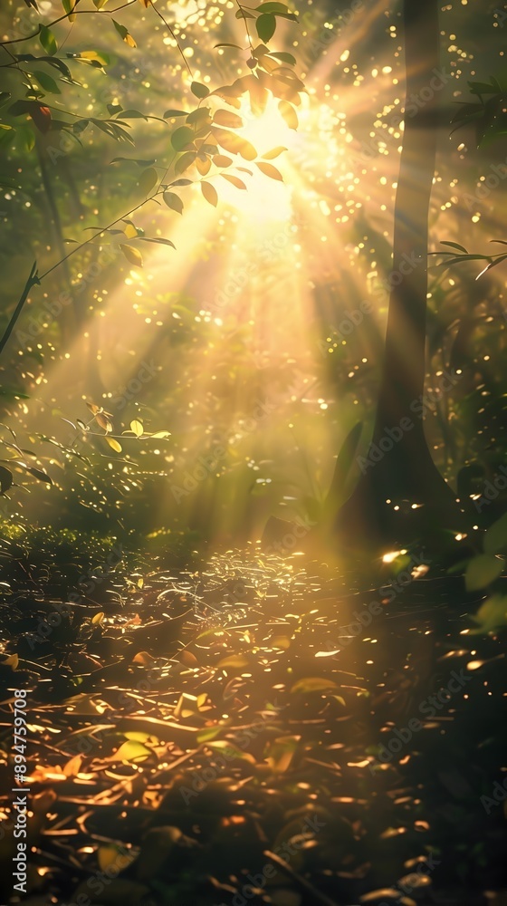 Obraz premium Radiant Sun Rays Illuminating a Tranquil Forest Path with Beams of Light Dancing Through the Lush Foliage