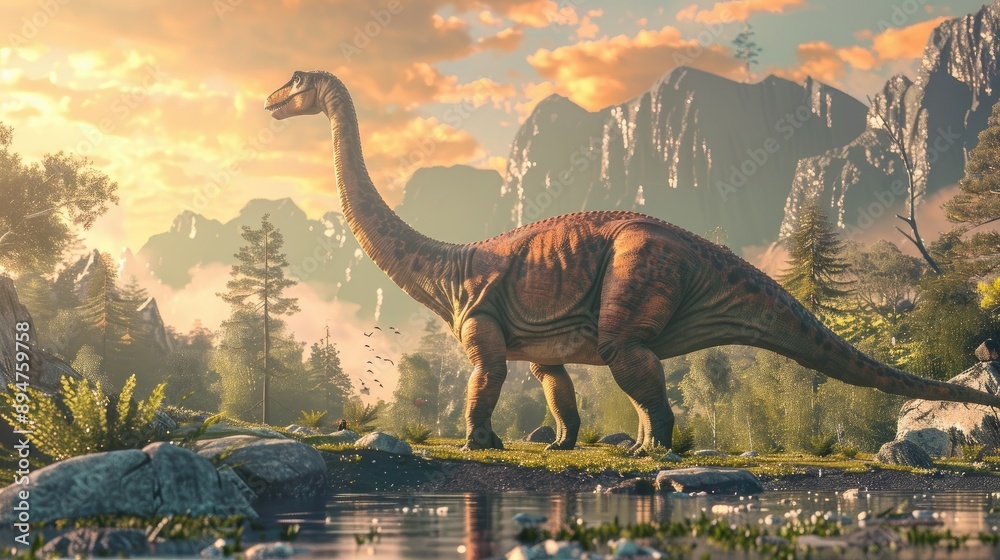 Fototapeta premium Majestic dinosaur in a prehistoric landscape, highlighting its ancient and awe-inspiring presence