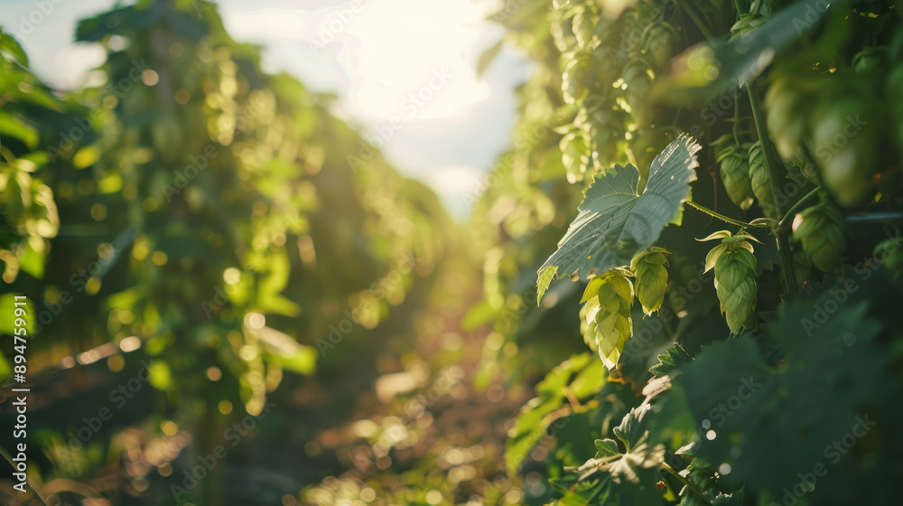 Close-up of green hops in a hop field with blurred background. Agricultural background for print and design, poster, banner. Close-up of green hops in a hop field with blurred background. Agricultural background for print and design, poster, banner.