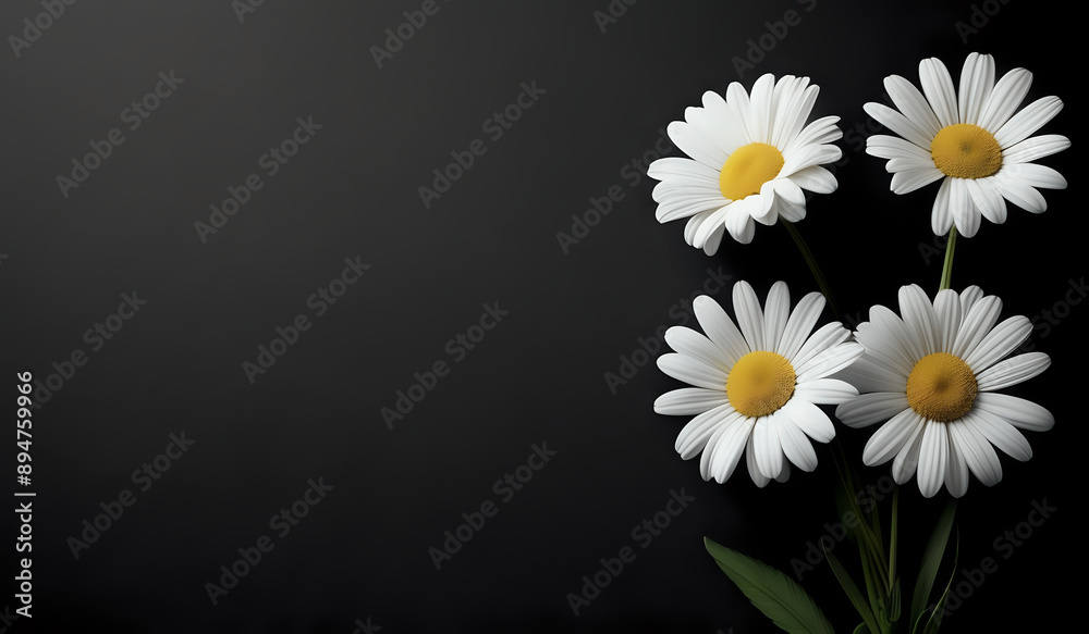 Obraz premium white daisies on a black paper texture background with copy space