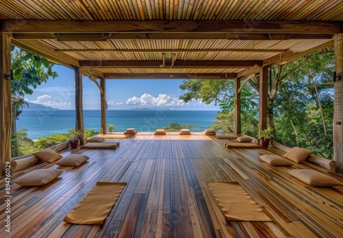 An open-air yoga shala with wooden floors and views of the Pacific Ocean in Costa Rica