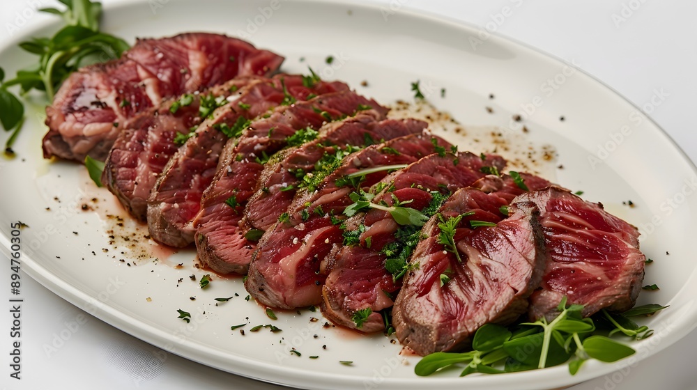 Elegantly Arranged Sliced Roast Beef on White Plate,Gourmet Food Presentation Elegantly Arranged Sliced Roast Beef on White Plate,Gourmet Food Presentation
