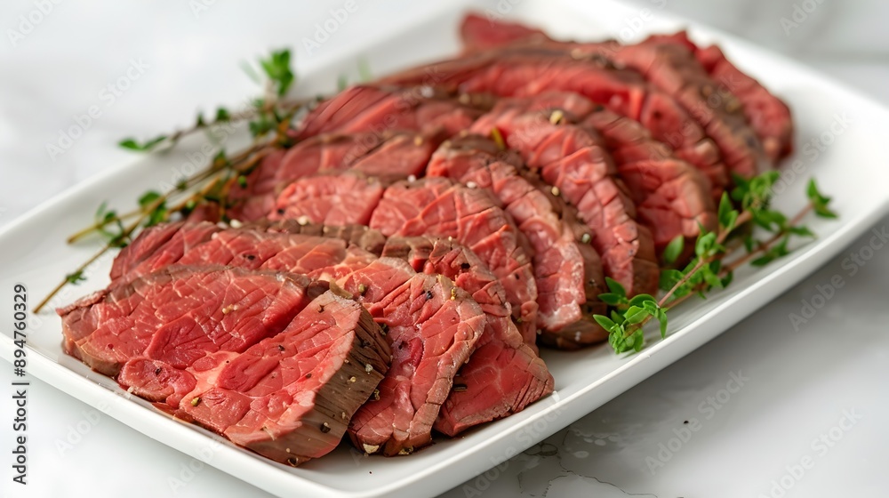 Impeccably Arranged Sliced Roast Beef on a Pristine White Plate,Showcasing Gourmet Culinary Impeccably Arranged Sliced Roast Beef on a Pristine White Plate,Showcasing Gourmet Culinary