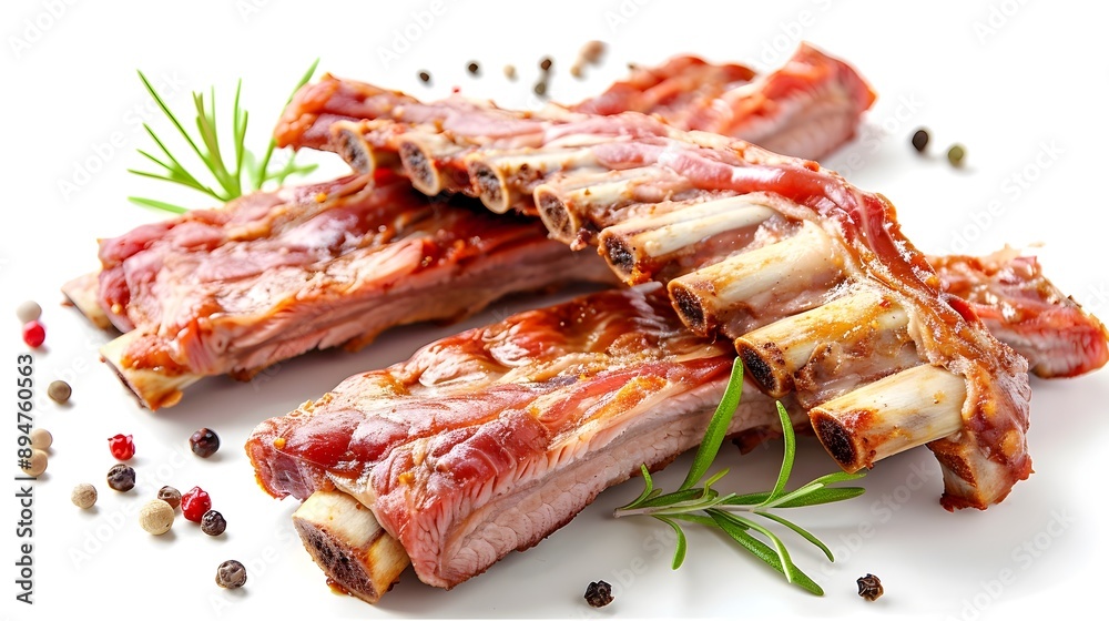 Freshly Cut Pork Ribs with Marbling on White Background Showcasing Butchery Details Freshly Cut Pork Ribs with Marbling on White Background Showcasing Butchery Details