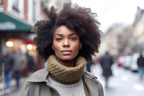 Beautiful young woman with afro hair street head shot portrait. 