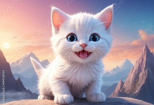 Cute White Kitten in Majestic Mountain Landscape