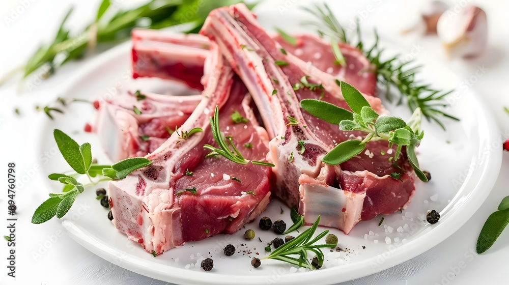 Healthy and Delicious Raw Lamb Chops with Fresh Herbs Laid Out on a White Table Healthy and Delicious Raw Lamb Chops with Fresh Herbs Laid Out on a White Table