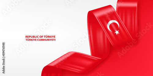 Türkiye 3D ribbon flag. Bent waving 3D flag in colors of the Türkiye national flag. National flag background design.