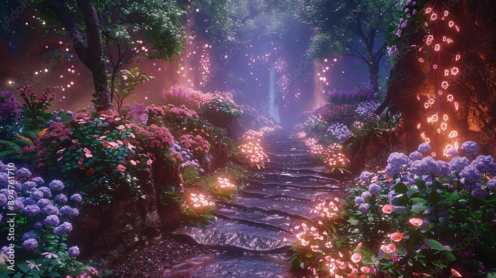Enchantment Within Ethereal Cave Garden with Illuminated Blooms and Mystical Creatures, Creating a Tranquil Fantasy Realm Enchantment Within Ethereal Cave Garden with Illuminated Blooms and Mystical Creatures, Creating a Tranquil Fantasy Realm