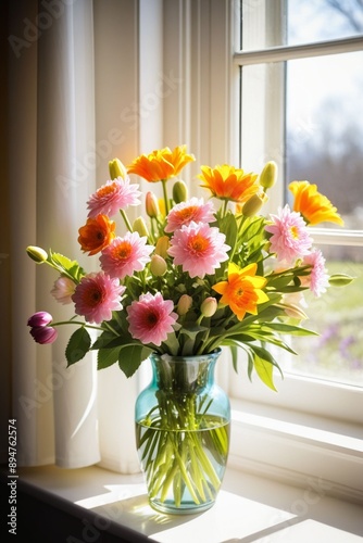 Beautiful flowers in a vase by the window, vertical composition