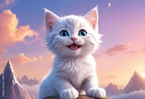 Cute White Kitten in Majestic Mountain Landscape