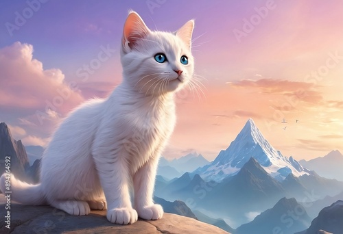 Cute White Kitten in Majestic Mountain Landscape