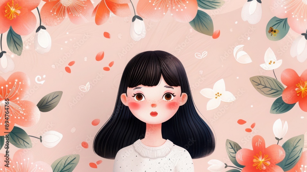 A whimsical illustration of a girl surrounded by colorful flowers, capturing a sense of innocence and beauty in a dreamy setting. A whimsical illustration of a girl surrounded by colorful flowers, capturing a sense of innocence and beauty in a dreamy setting.