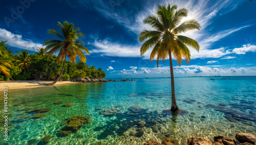 Tranquil tropical paradise with palm trees, crystal clear water, and sunny skies, perfect for relaxation and beachfront adventures © zamuruev